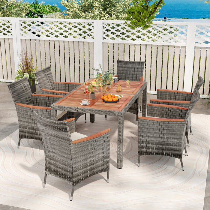 7 Pieces Patio Acacia Wood Cushioned PE Rattan Wicker Dining Set