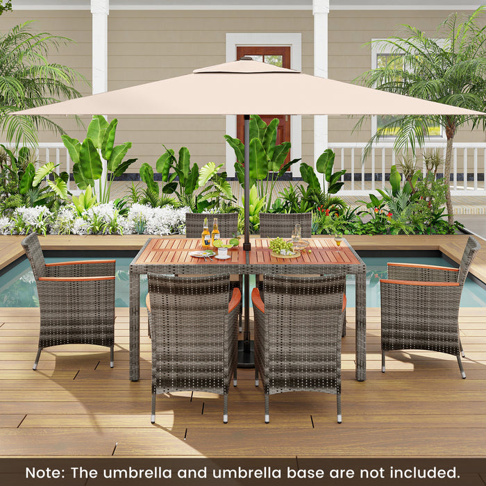 7 Pieces Patio Acacia Wood Cushioned PE Rattan Wicker Dining Set