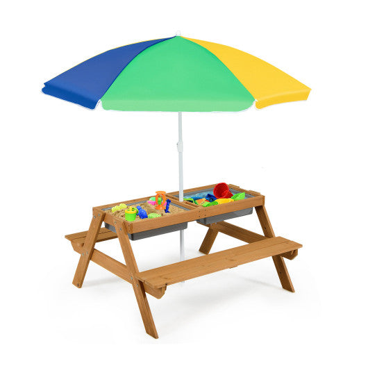 3-in-1 Kids Outdoor Picnic Water Sand Table with Umbrella Play Boxes-Yellow