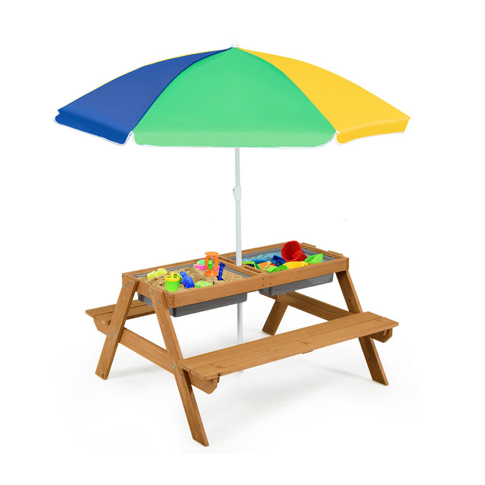 3-in-1 Kids Outdoor Picnic Water Sand Table with Umbrella Play Boxes-Yellow