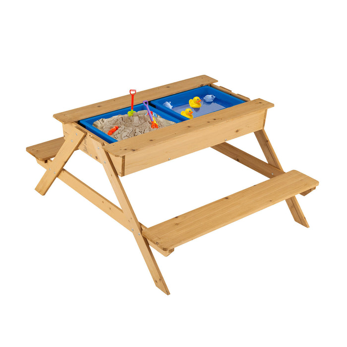 3-in-1 Kids Picnic Table Wooden Outdoor Water Sand Table with Play Boxes