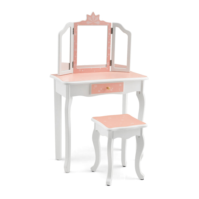 Princess Vanity Table and Chair Set with Tri-Folding Mirror and Snowflake Print-Pink