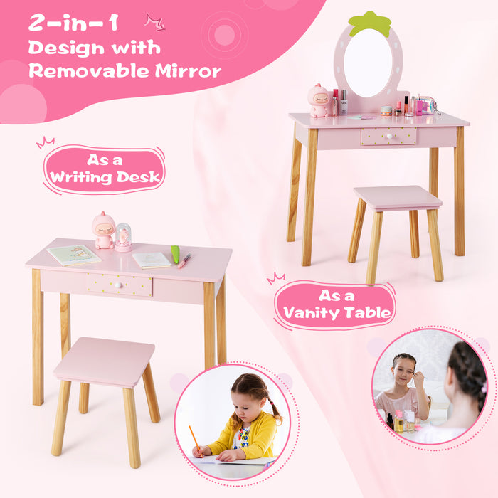 2-in-1 Children Vanity Table Stool Set with Mirror-Pink