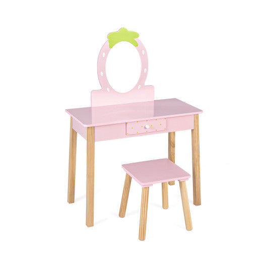 2-in-1 Children Vanity Table Stool Set with Mirror-Pink