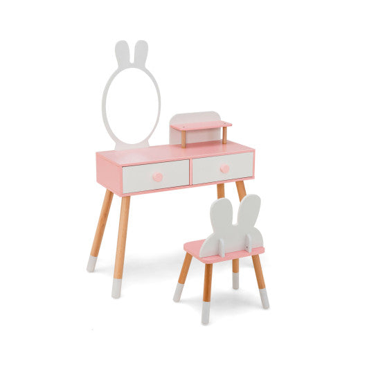 Kids Vanity Table and Chair Set with Drawer Shelf and Rabbit Mirror-White