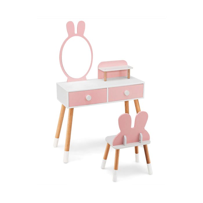 Kids Vanity Table and Chair Set with Drawer Shelf and Rabbit Mirror-Pink