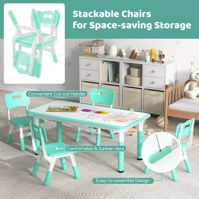 Kids Table and Chairs Set for 4 with Graffiti Desktop-Green