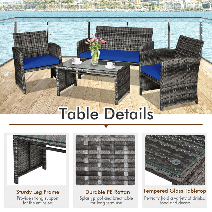 4 Pieces Patio Rattan Furniture Set with Glass Table and Loveseat-Navy