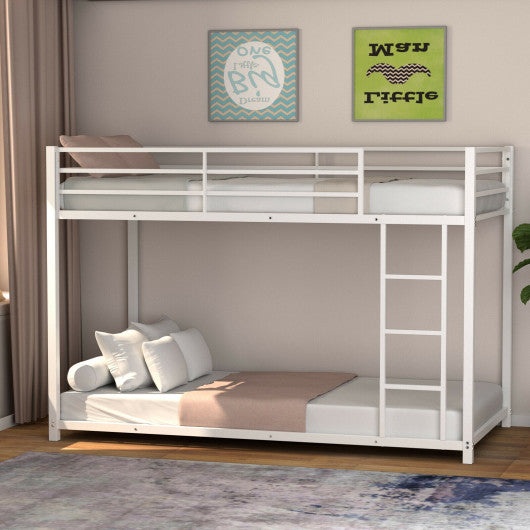 Sturdy Metal Bunk Bed Frame Twin Over Twin with Safety Guard Rails and Side Ladder-White