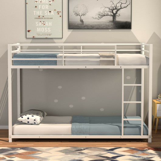 Sturdy Metal Bunk Bed Frame Twin Over Twin with Safety Guard Rails and Side Ladder-White