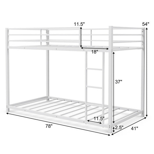 Sturdy Metal Bunk Bed Frame Twin Over Twin with Safety Guard Rails and Side Ladder-White