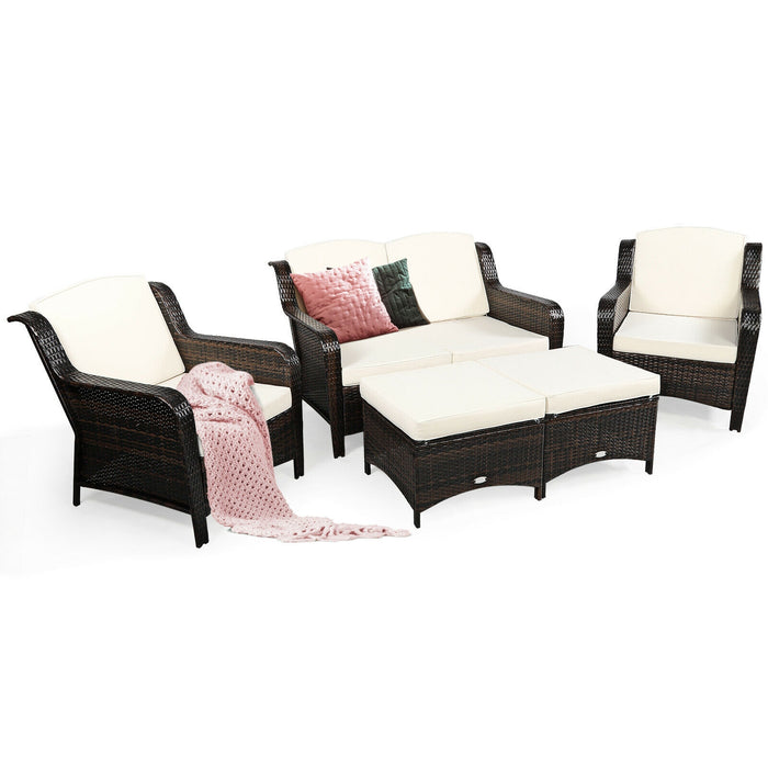 5 Pieces Patio Rattan Sofa Set with Cushion and Ottoman-Off White