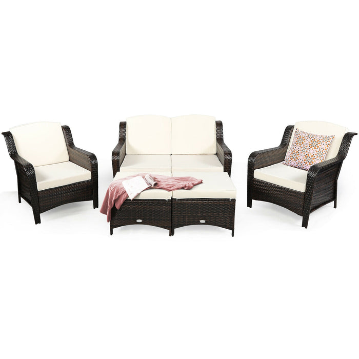 5 Pieces Patio Rattan Sofa Set with Cushion and Ottoman-Off White