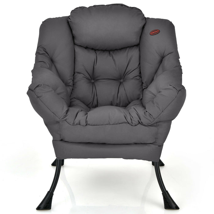 Modern Polyester Fabric Lazy Chair with Steel Frame and Side Pocket-Gray