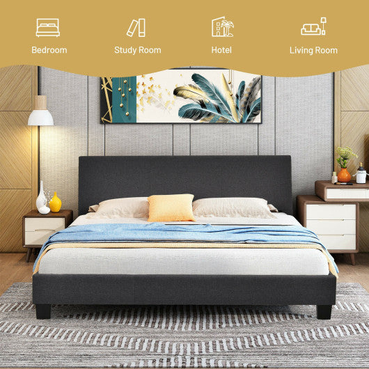 Full Upholstered Platform Bed Frame with Headboard Wood Slat-Gray