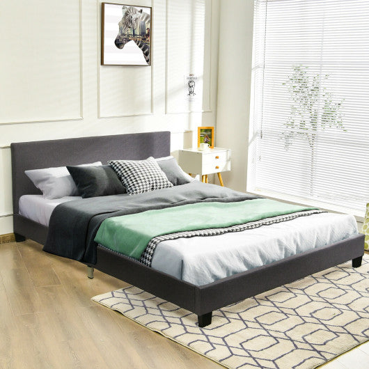 Full Upholstered Platform Bed Frame with Headboard Wood Slat-Gray