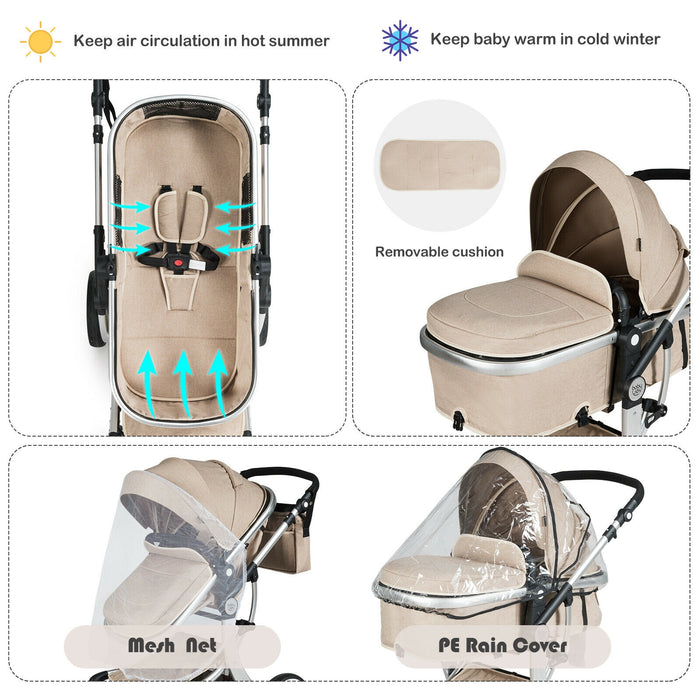 Folding Aluminum Infant Reversible Stroller with Diaper Bag-Beige