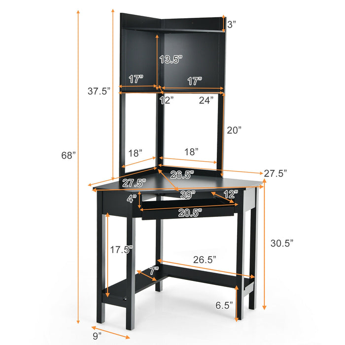 Corner Computer Desk with Hutch and Storage Shelves-Black