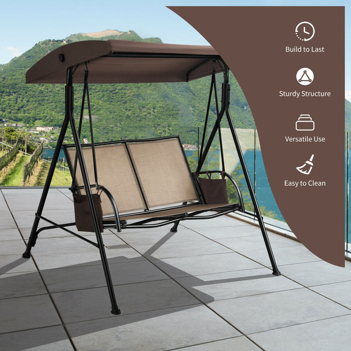 2-Person Patio Swing with Adjustable Canopy and 2 Storage Pocket-Brown