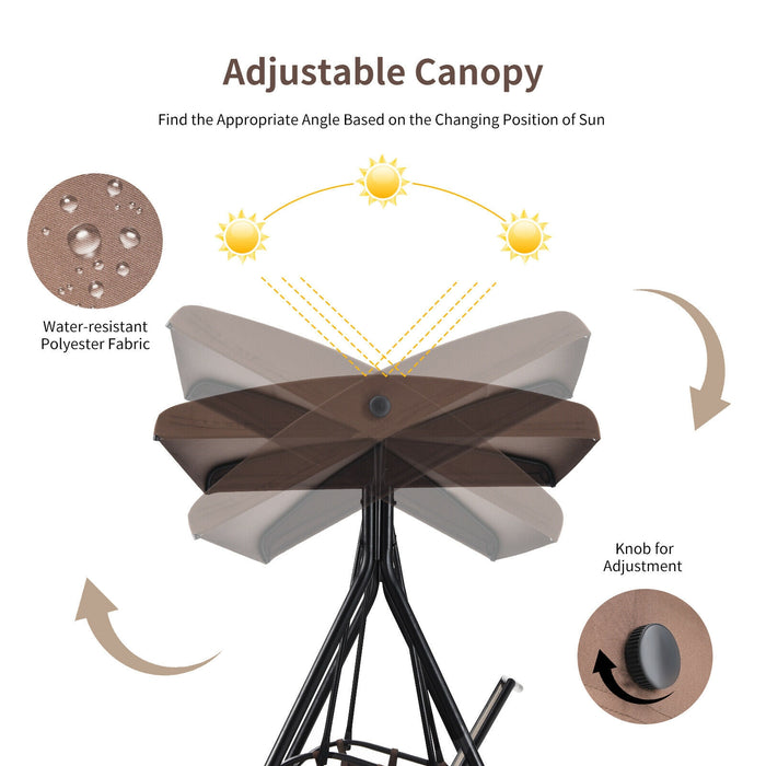 2-Person Patio Swing with Adjustable Canopy and 2 Storage Pocket-Brown