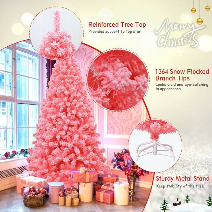 Pink Christmas Tree with Snow Flocked PVC Tips and Metal Stand-7.5 ft