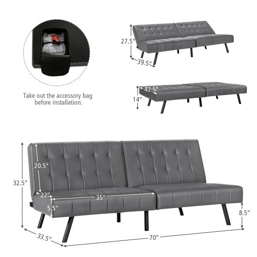 Futon Sofa Bed PU Leather Convertible Folding Couch Sleeper Lounge-Gray