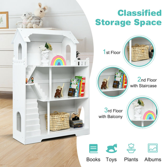 Kids Wooden Dollhouse Bookshelf with Anti-Tip Design and Storage Space-White