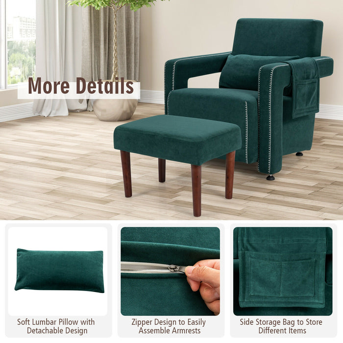 Modern Berber Fleece Single Sofa Chair with Ottoman and Waist Pillow-Green