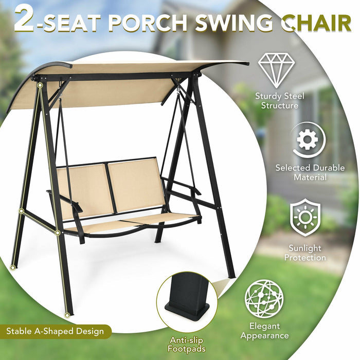 Outdoor Porch Steel Hanging 2-Seat Swing Loveseat with Canopy-Beige