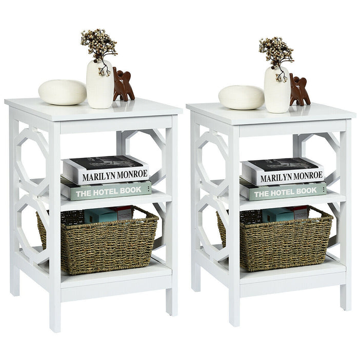 2 Pieces 3-tier Nightstand Sofa Side End Accent Table Storage Display Shelf-White