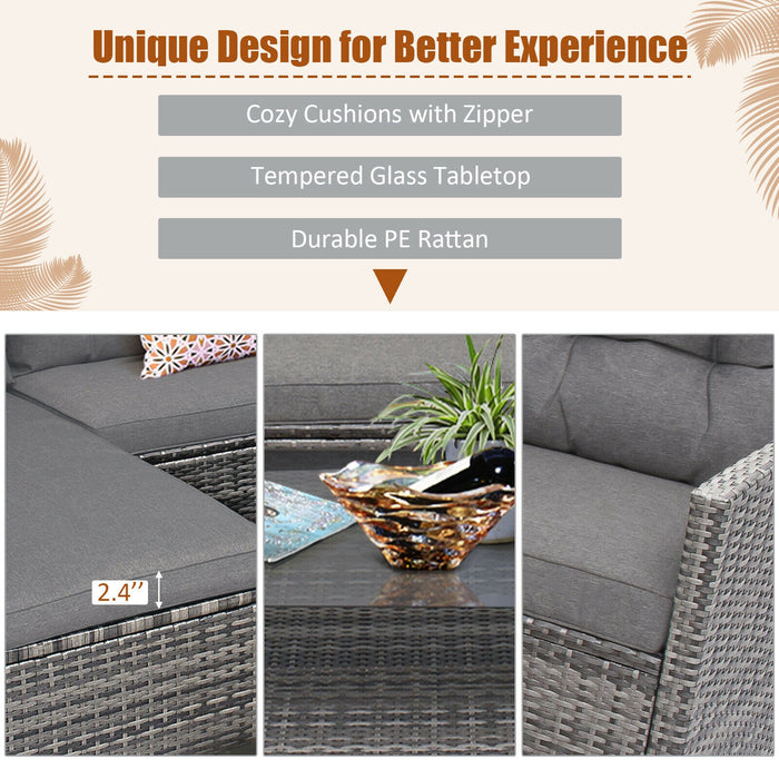 4 Pieces Patio Rattan Furniture Set with Cushion and Table Shelf-Gray