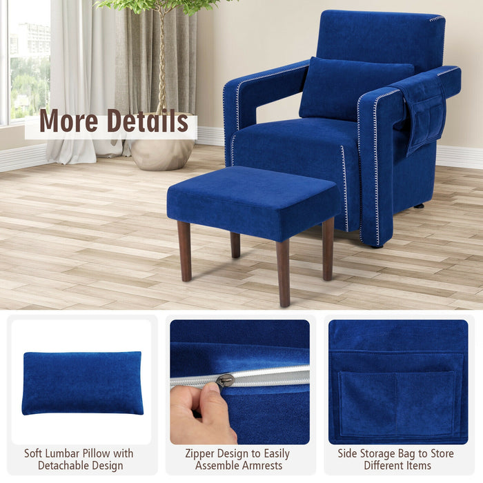 Modern Berber Fleece Single Sofa Chair with Ottoman and Waist Pillow-Blue