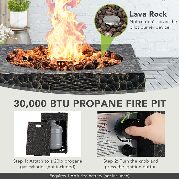 16 Feet Square Outdoor Propane Fire Pit with Lava Rocks Waterproof Cover 30000 BTU-Black