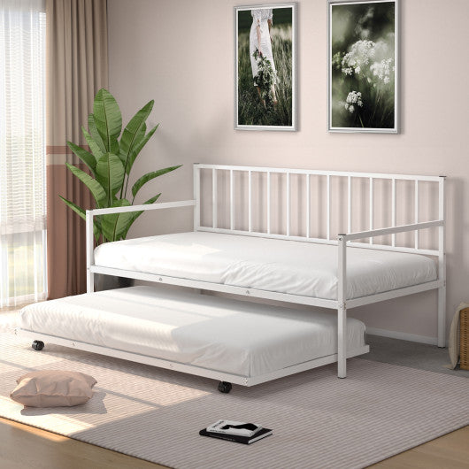 Twin Metal Daybed with Roll Out Trundle Heavy Duty Frame Sofa Bed Set White