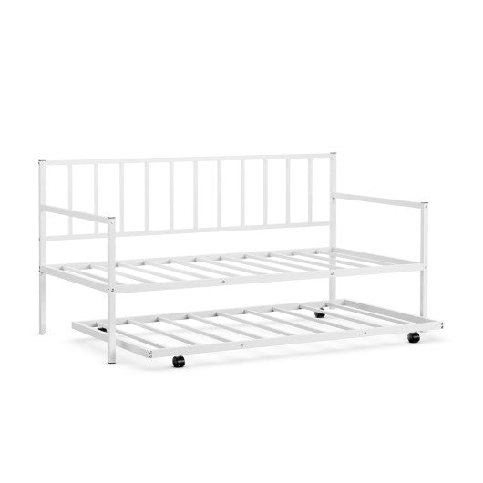 Twin Metal Daybed with Roll Out Trundle Heavy Duty Frame Sofa Bed Set White