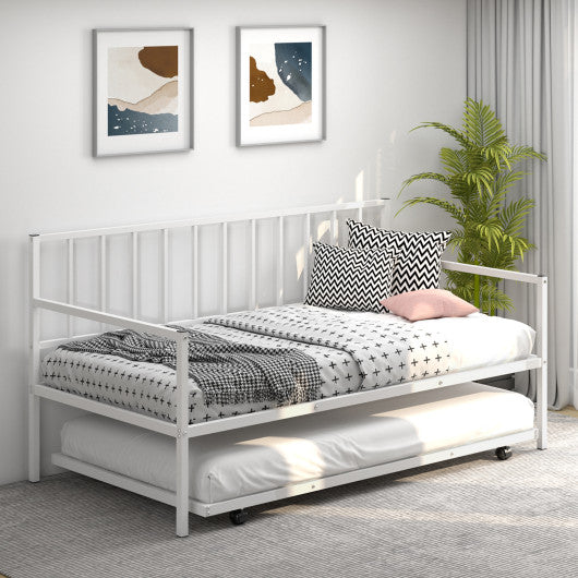 Twin Metal Daybed with Roll Out Trundle Heavy Duty Frame Sofa Bed Set White