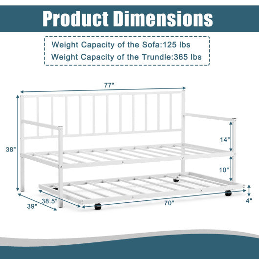 Twin Metal Daybed with Roll Out Trundle Heavy Duty Frame Sofa Bed Set White