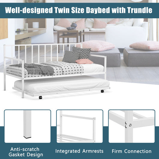 Twin Metal Daybed with Roll Out Trundle Heavy Duty Frame Sofa Bed Set White