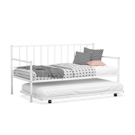 Twin Metal Daybed with Roll Out Trundle Heavy Duty Frame Sofa Bed Set White