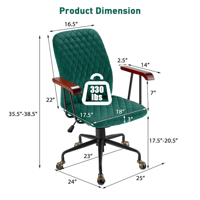 Velvet Home Office Chair with Wooden Armrest Green