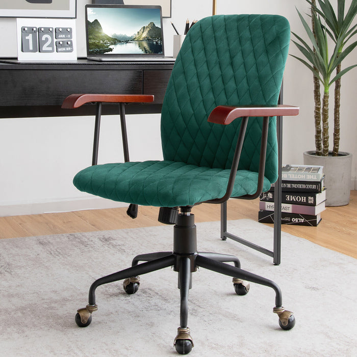 Velvet Home Office Chair with Wooden Armrest Green