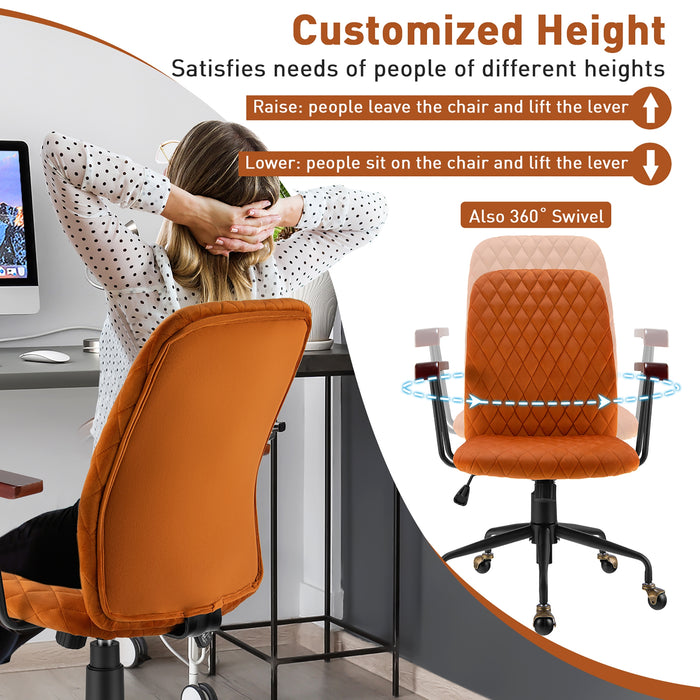 Velvet Home Office Chair with Wooden Armrest Orange