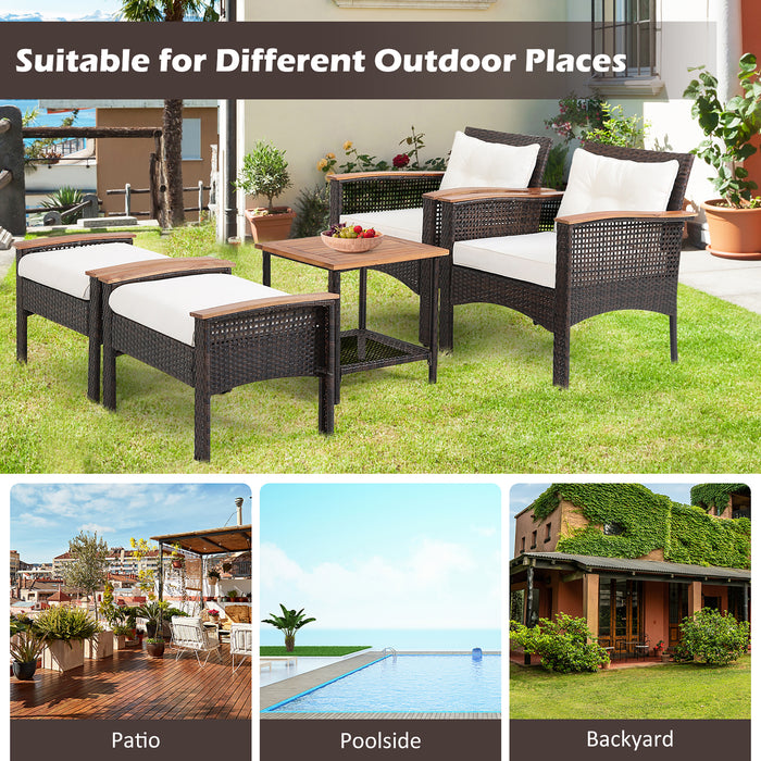 5 Pieces Patio Rattan Furniture Set with Acacia Wood Table