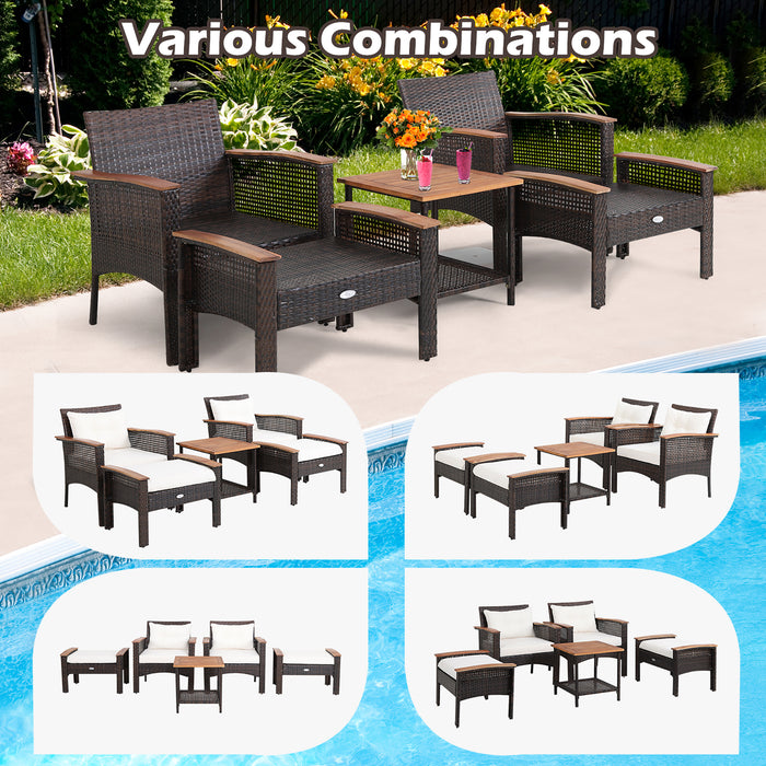 5 Pieces Patio Rattan Furniture Set with Acacia Wood Table