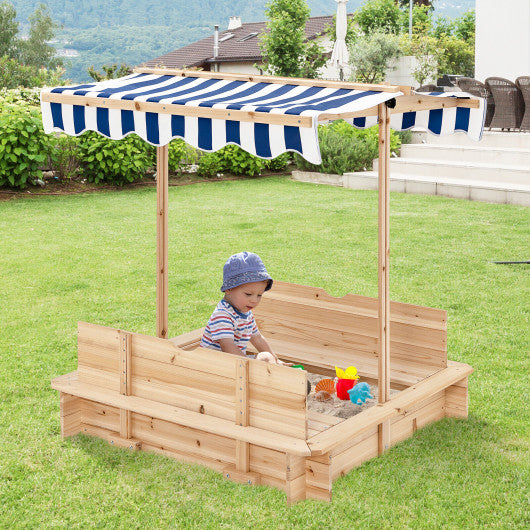 Kids Wooden Sandbox with Canopy and Bench Seats