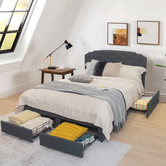 Platform Bed Frame with 4 Storage Drawers and Adjustable Headboard-Queen Size