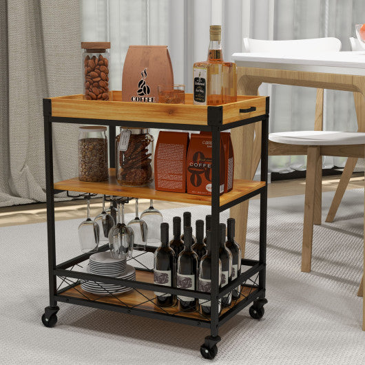 3 Tiers Industrial Bar Serving Cart with Utility Shelf and Handle Racks-Natural