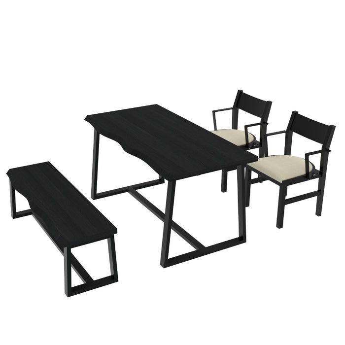 4-Person Dining Table Set with Chairs and Bench-Irregular Design-Black-Beige