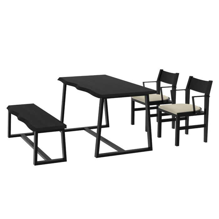 4-Person Dining Table Set with Chairs and Bench-Irregular Design-Black-Beige