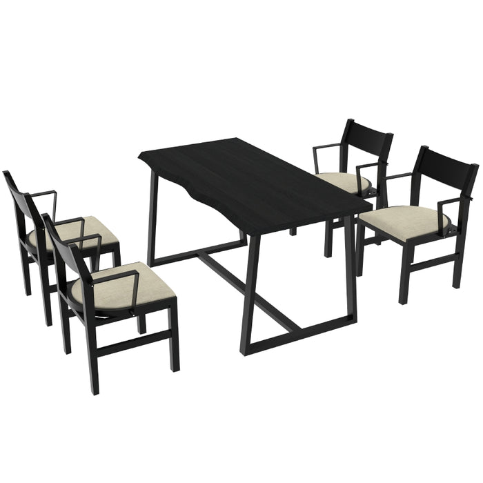 4-Person Dining Table Set with Chairs and Bench-Irregular Design-Black-Beige-4